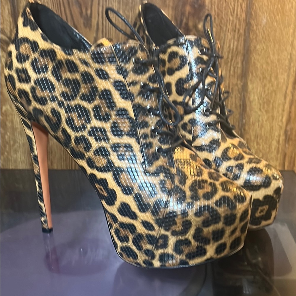 Leopard Print lace-up Oxford High Heel ankle booties US13